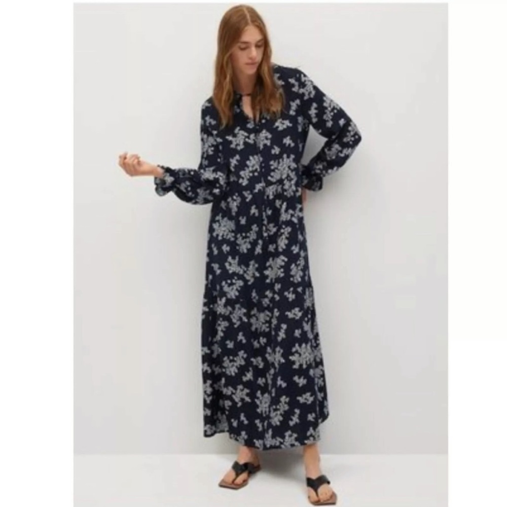 MANGO women's blue pink leaf‎ print round neck long sleeve long maxi size 2 NWT